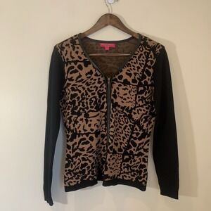 Bellario Womens Full Zip Cardigan Large‎ Animal Print Faux Leather Trim Mob Wife